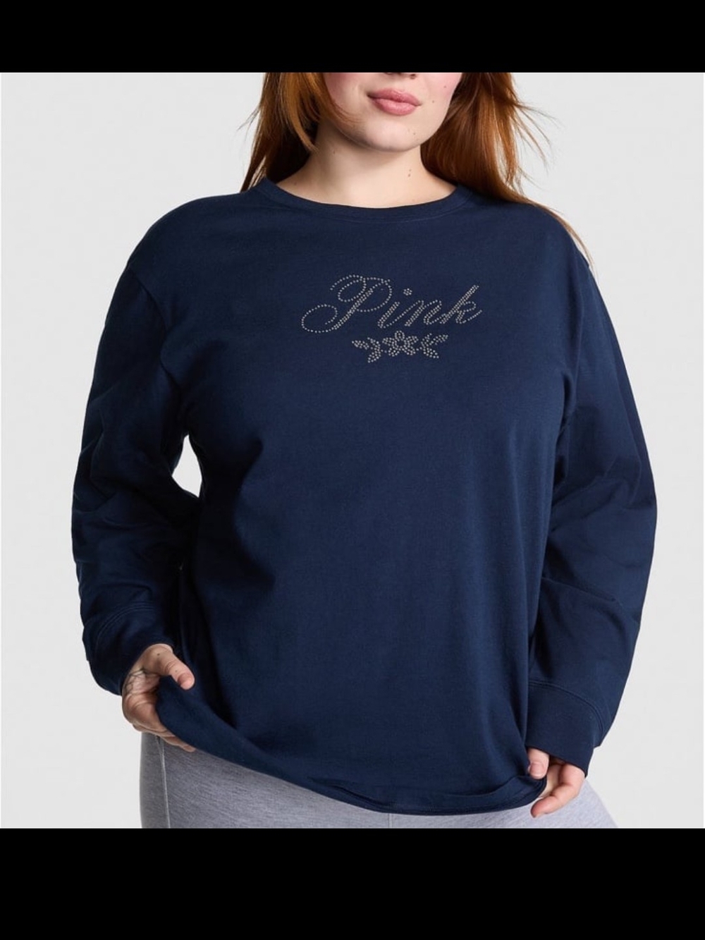 PINK Victoria's Secret Navy Rhinestone Logo Campus Long Sleeve Tee Medium 🆕